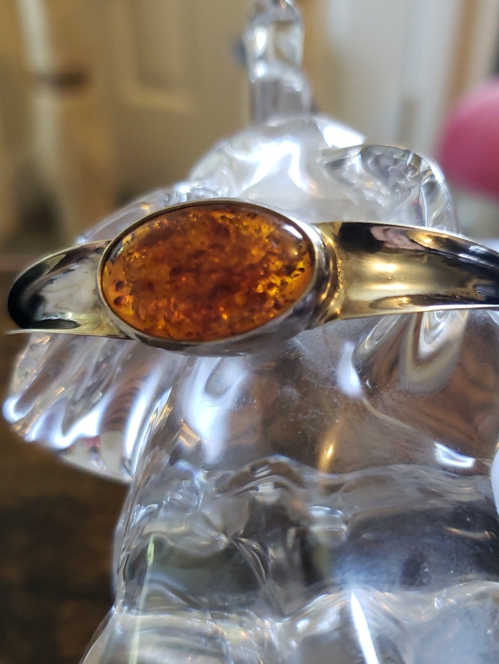 Vintage Modernist Natural Amber Silver Clasp Bangle Bracelet w Sculpted Design